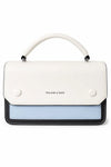 White and light blue color-block handbag with top handle and FEILAIKE & BAGS branding