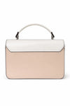 Cream and beige two-tone structured handbag with top handle and flap closure