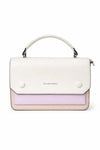 White and lavender color-block handbag with top handle and FEILAIKE & BAGS branding