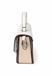 Cream and beige structured handbag with top handle and silver hardware, minimalist design