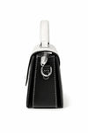 Black and white structured handbag with top handle and silver hardware